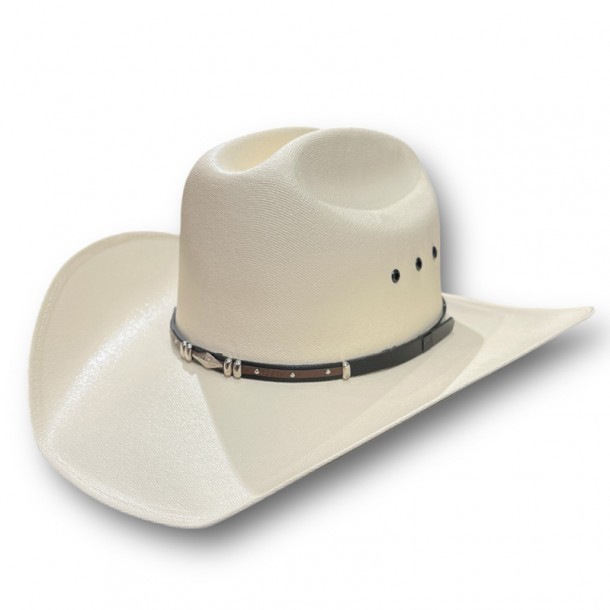 Unisex classic white canvas cowboy hat with two-tone brown band and diamond conchos