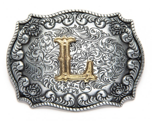 Hebilla cowboy inicial L metal envejecido grabado