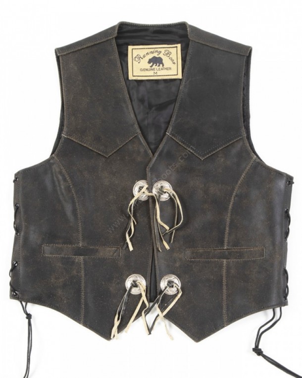 Antique black leather unisex open cowboy vest