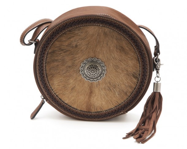 Western style brown leather canteen bag with natural calf hair