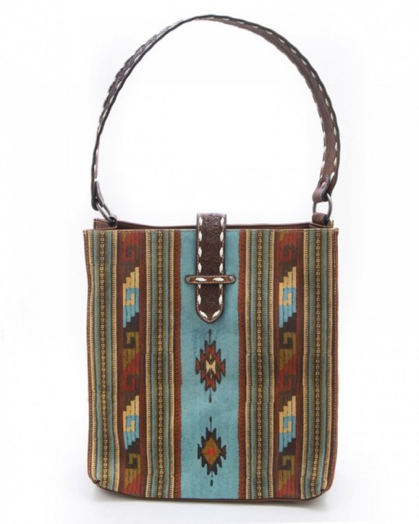 Cowboy fashion women purse with Southwest multicolor mosaic and leather flap closure