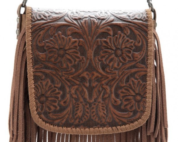Tooled cognac brown leather western crossbody purse with fringes