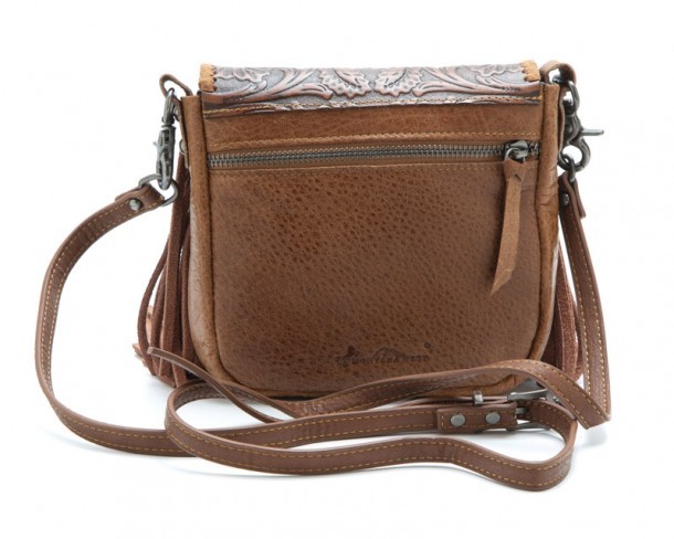 Tooled cognac brown leather western crossbody purse with fringes