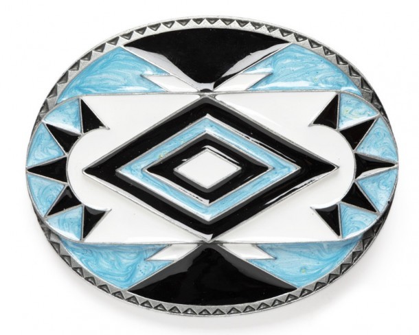 Hebilla cowboy unisex dibujo tribal nativo americano azul, blanco y negro