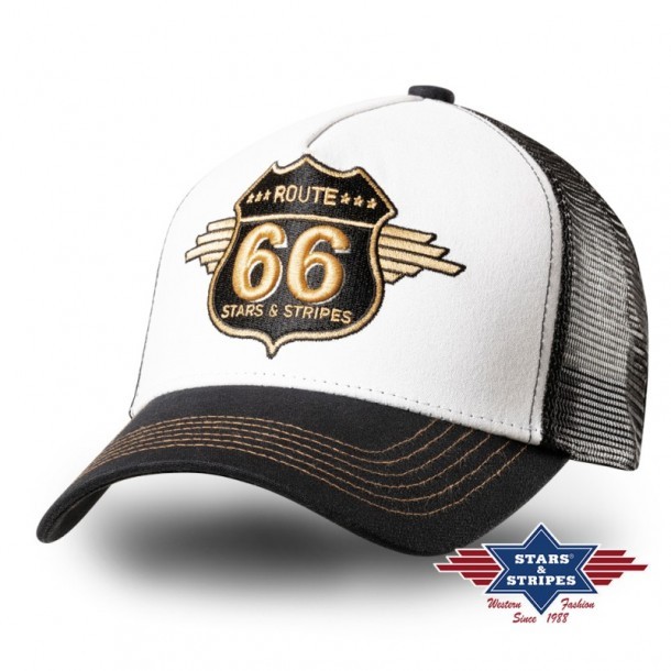 Black and white Route 66 cap with gold embroidered Stars and Stripes logo available at Corbeto