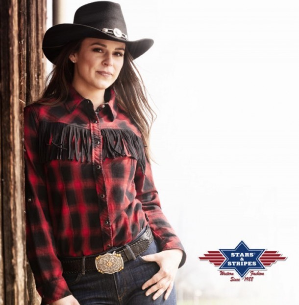 Black and red plaid ladies western fashion shirt with black fringes