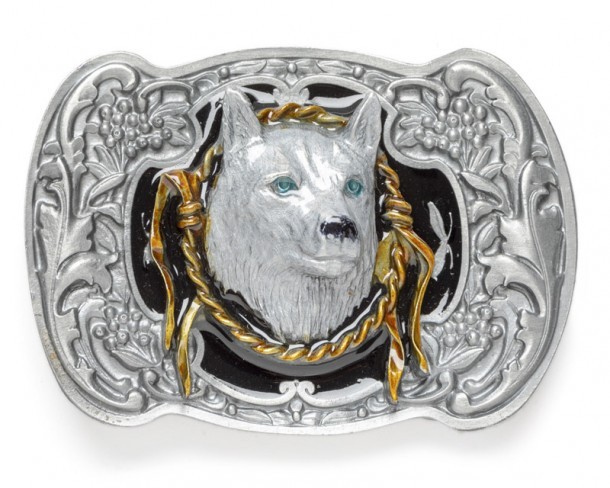 Blue-eyed wolf and cowboy rope unisex belt buckle