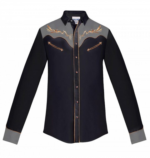 Rafael Amaya collection embroidered navy blue shirt with grey yoke