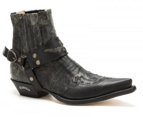 Snip Toe Men Cowboy Ankle Boots Black Leather Combination