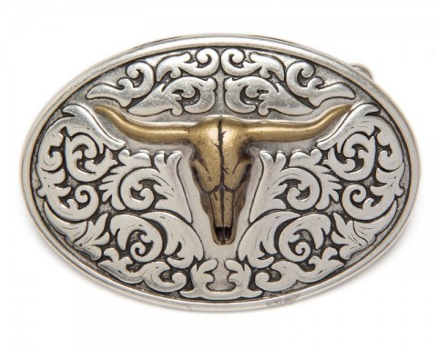 Country style oval belt buckle with antique golden longhorn skull