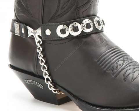 Sendra black leather western boot straps with rounded shiny engraved conchos