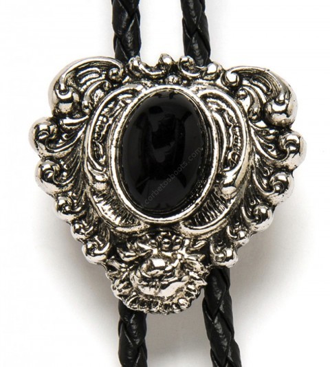 Buy at our specialized online shop this western bolo tie for shirt, for men and women, with a black stone embedded and various metallic filigrees.