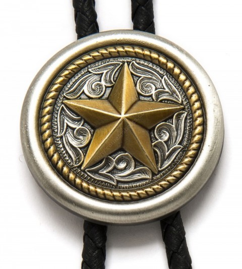 Buy and wear this awesome unisex western embossed golden star with engraved background rounded metal bolo tie with metal tips at our store.