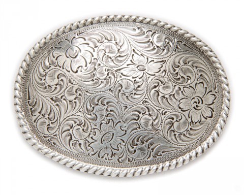 Economic line Nocona silver metal oval belt buckle with floral scrolling