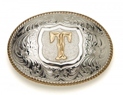 Crumrine Silversmiths T initial silver plated buckle