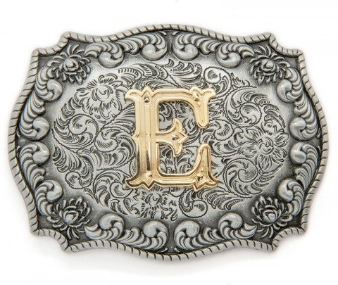 E letter distressed metal belt buckle with filigree engrave