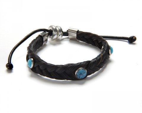 Pulsera crin de caballo marrón oscuro trenzada con abalorios color turquesa