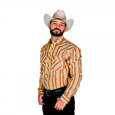 Colorful plaid western shirt with orange mosaic embroidery