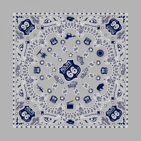 Grey and blue bandana with rockabilly design Route 66 available at Corbeto