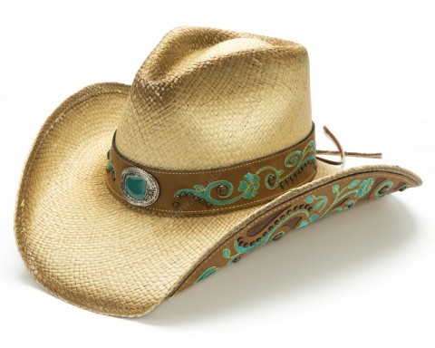 Cowgirl embroidered toasted Panama straw hat with turquoise colour stone
