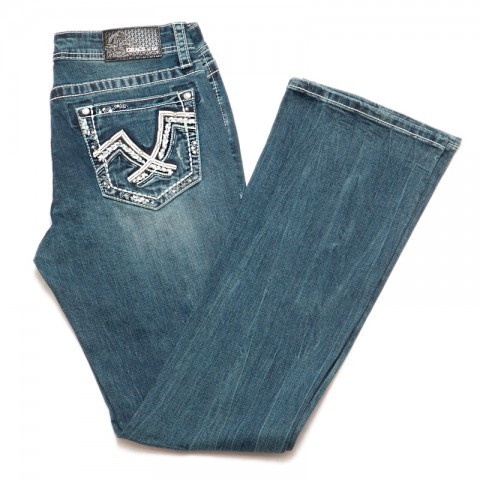 Grace in LA bootcut fit cowgirl jeans in classic blue worn out denim