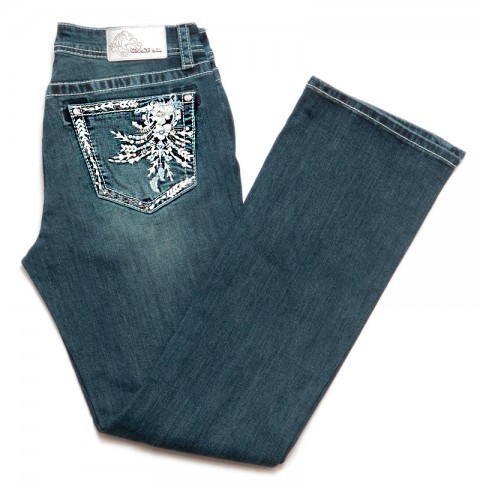 Womens flared denim jeans with floral dreamcatcher embroidery