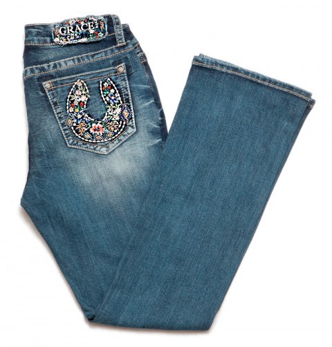 Grace in LA bootcut jeans with horseshoe embroidery with flowers