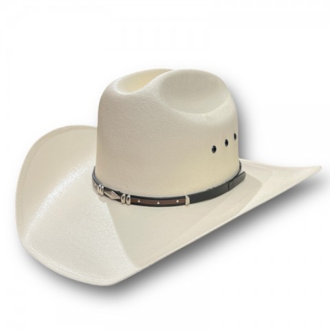 Unisex classic white canvas cowboy hat with two-tone brown band and diamond conchos