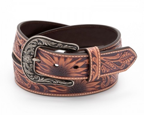 Unisex tan brown leather cowboy belt with sunflower design tooling