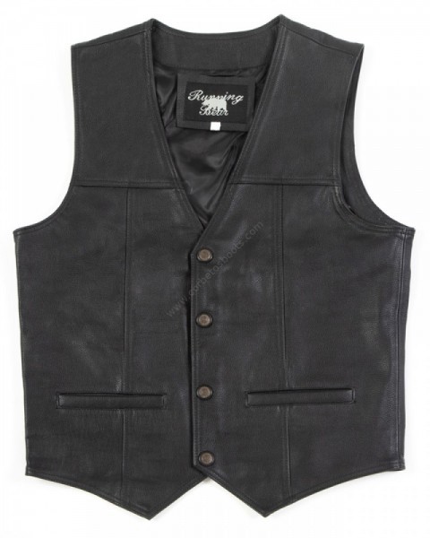 Biker style classic black leather waistcoat with snap-on buttons