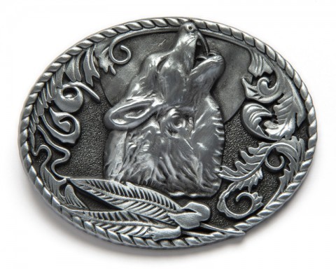 Howling wolf with feathers western belt buckle